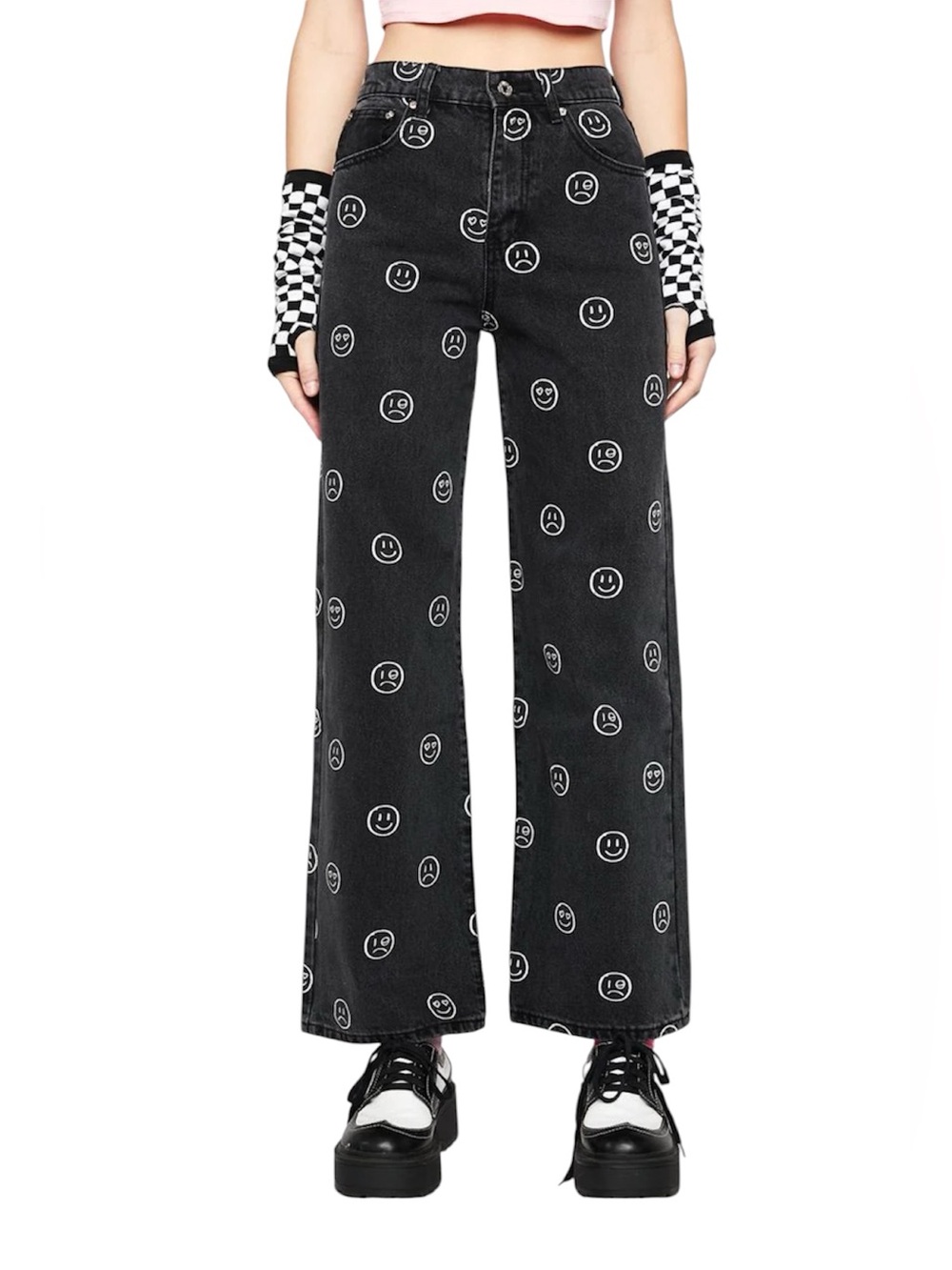 "EDICKTED" Moody Happy/Sad Face High Waist Wide Leg Denim Jeans Size XL